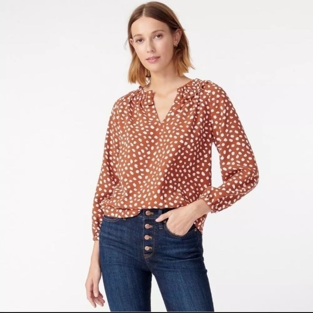 J. Crew Drapey Ruffleneck Top in Brushstroke Printed 365 Crepe Blouse XS